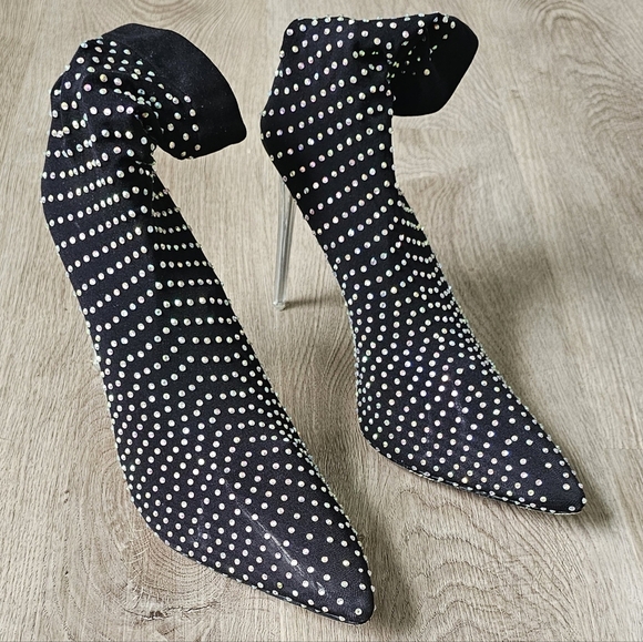 Size 10 Fashion Nova Black Rhinestone Sock Booties - Picture 6 of 10